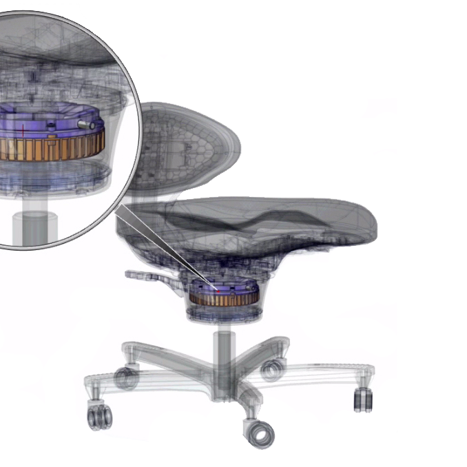 Cutaway of the CoreChair core mechanism beneath the seat