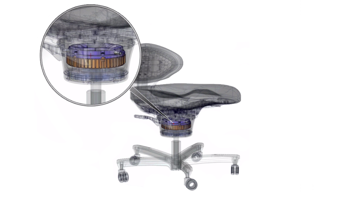 Cutaway of the CoreChair core mechanism beneath the seat