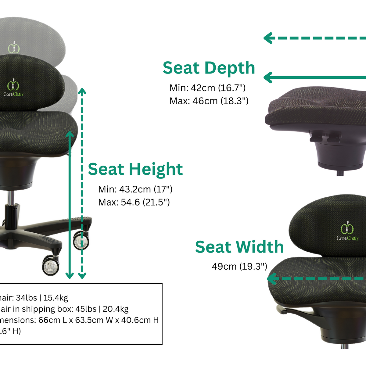 CoreChair Classic dimensions: seat height 17 to 21.5 in, seat width 19.3 in, seat depth 16.7 to 18.3 in