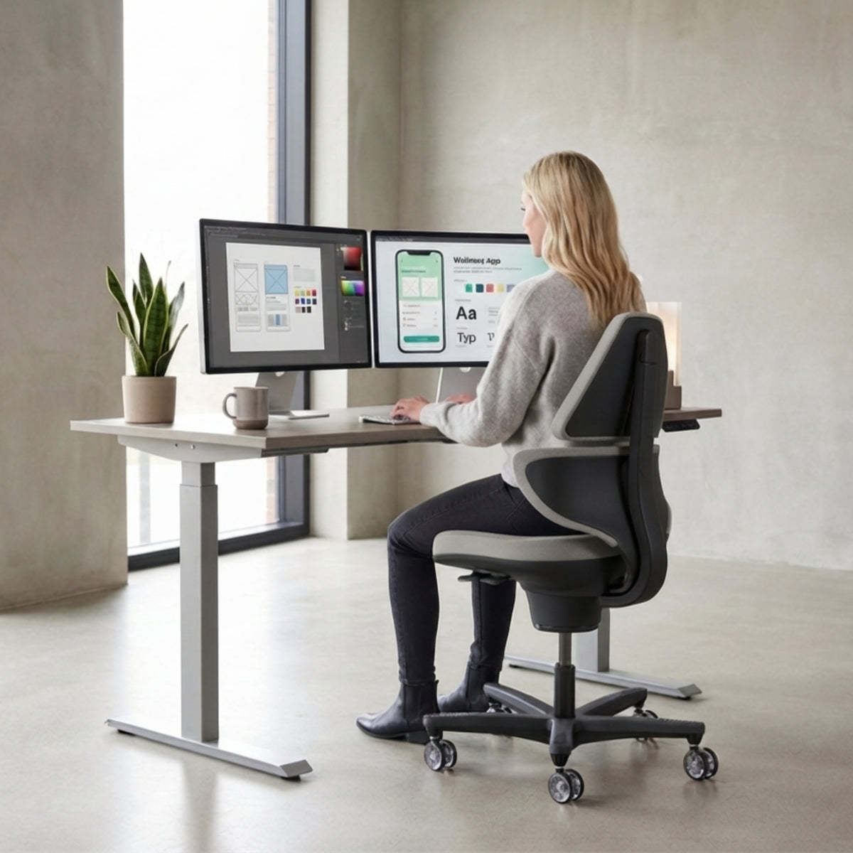 Woman working at a standing-height desk on a Clay CoreChair Elite