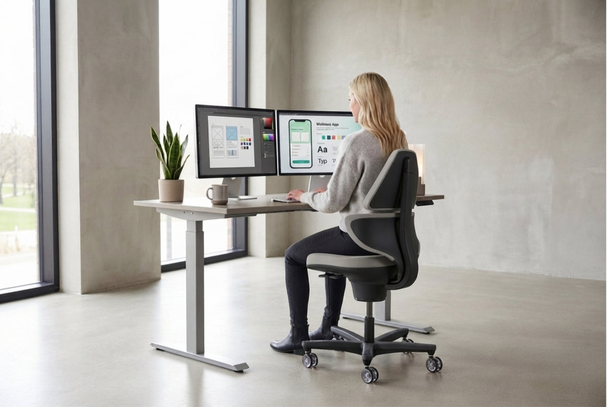 Woman working at a standing-height desk on a Clay CoreChair Elite