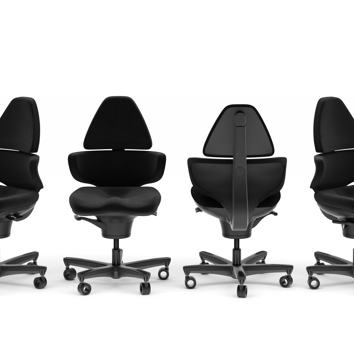 CoreChair Elite active sitting chair in Soft Black, front, side, rear and three-quarter views