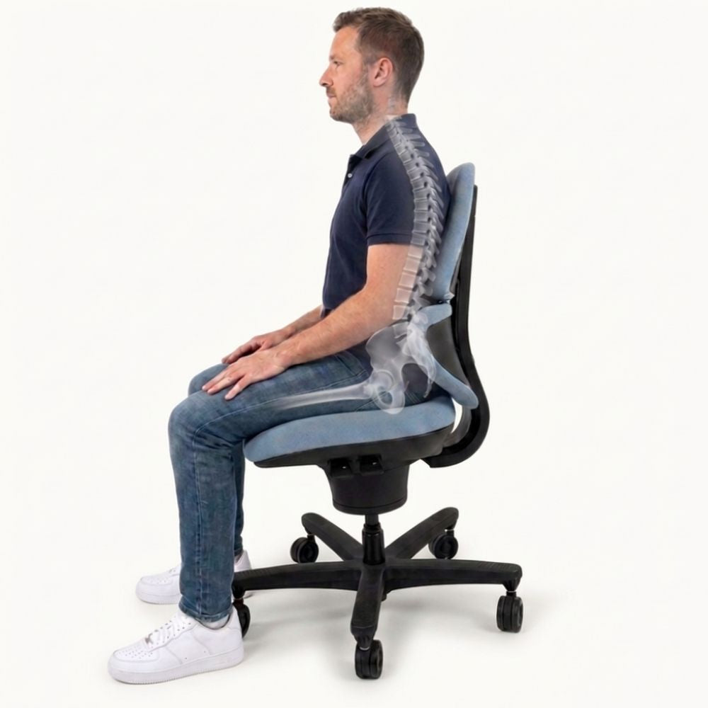 Man seated on the CoreChair Elite with spine overlay showing pelvic support and upper back alignment