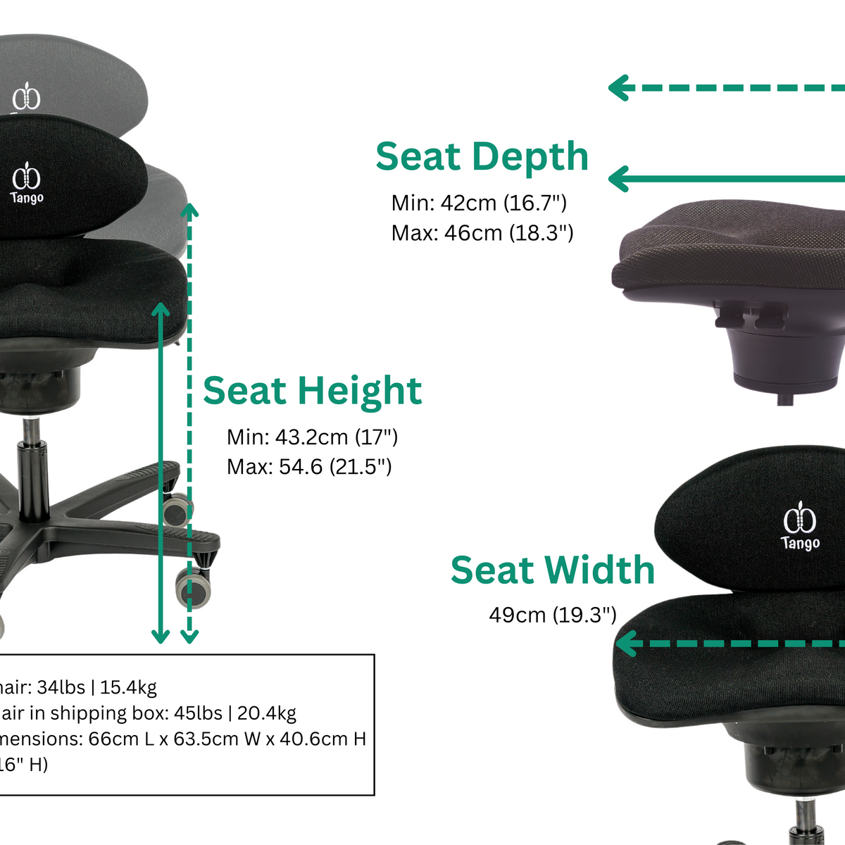 CoreChair Tango dimensions: seat height 17 to 21.5 in, seat width 19.3 in, seat depth 16.7 to 18.3 in