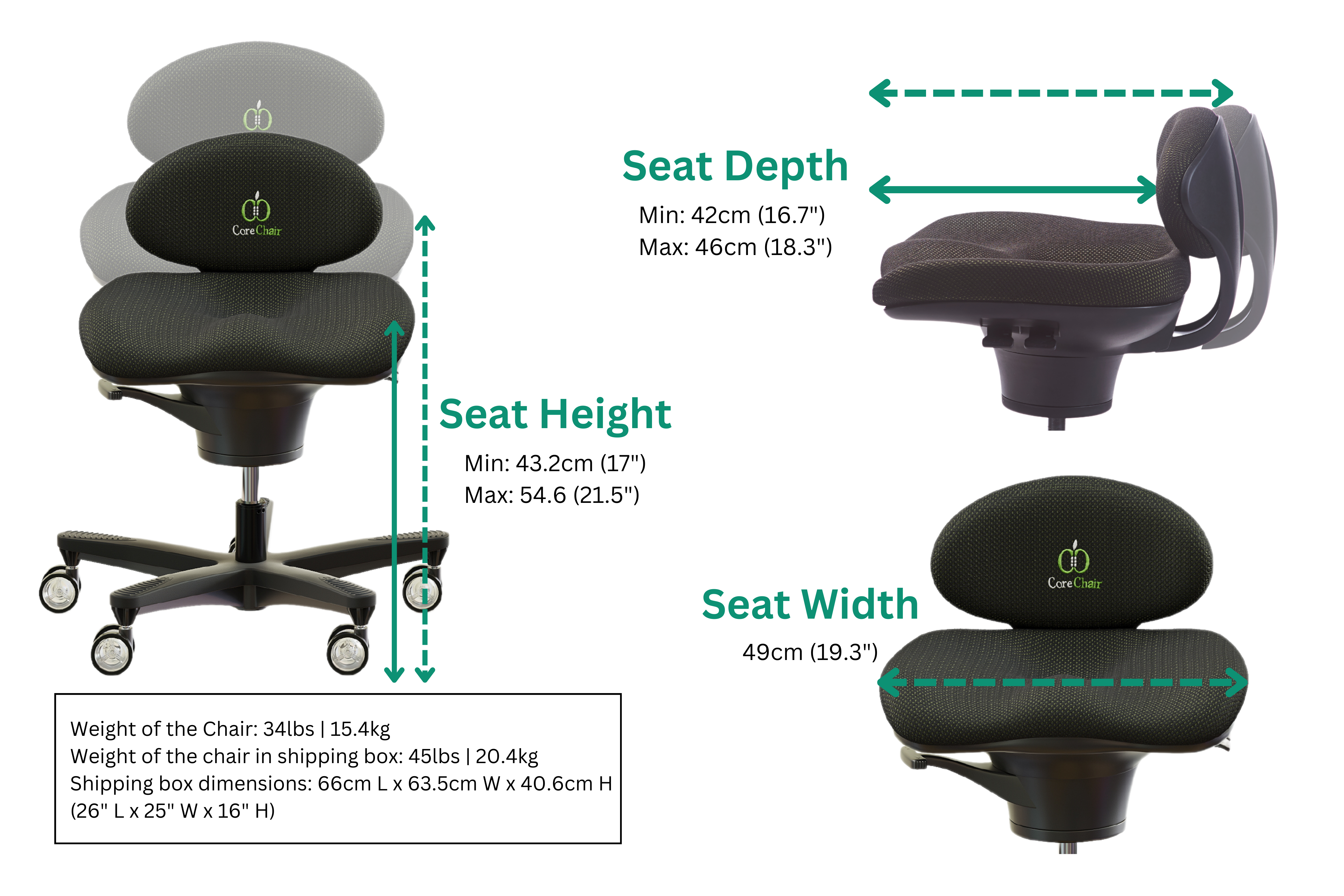 CoreChair Classic dimensions: seat height 17 to 21.5 in, seat width 19.3 in, seat depth 16.7 to 18.3 in