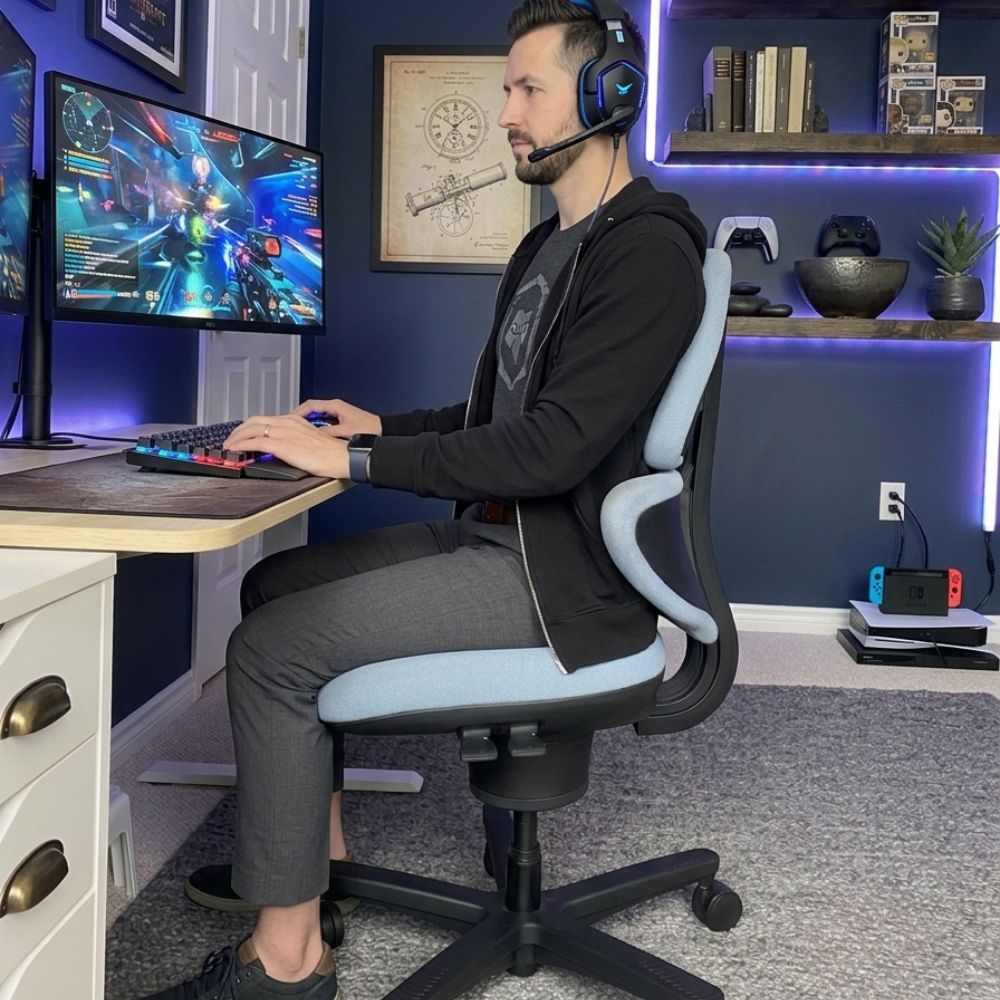 Man working at a gaming desk on a Dusted Blue CoreChair Elite