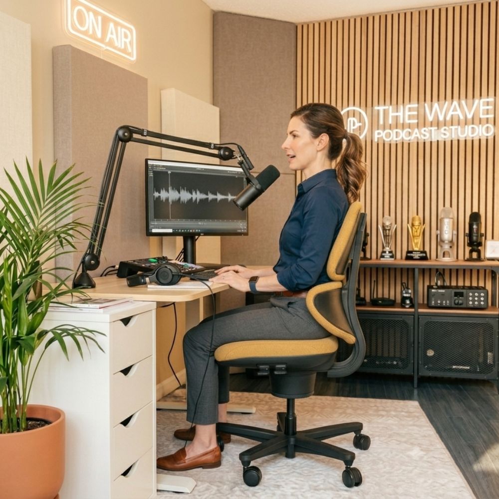 Woman sitting upright at her desk on an Ochre CoreChair Elite
