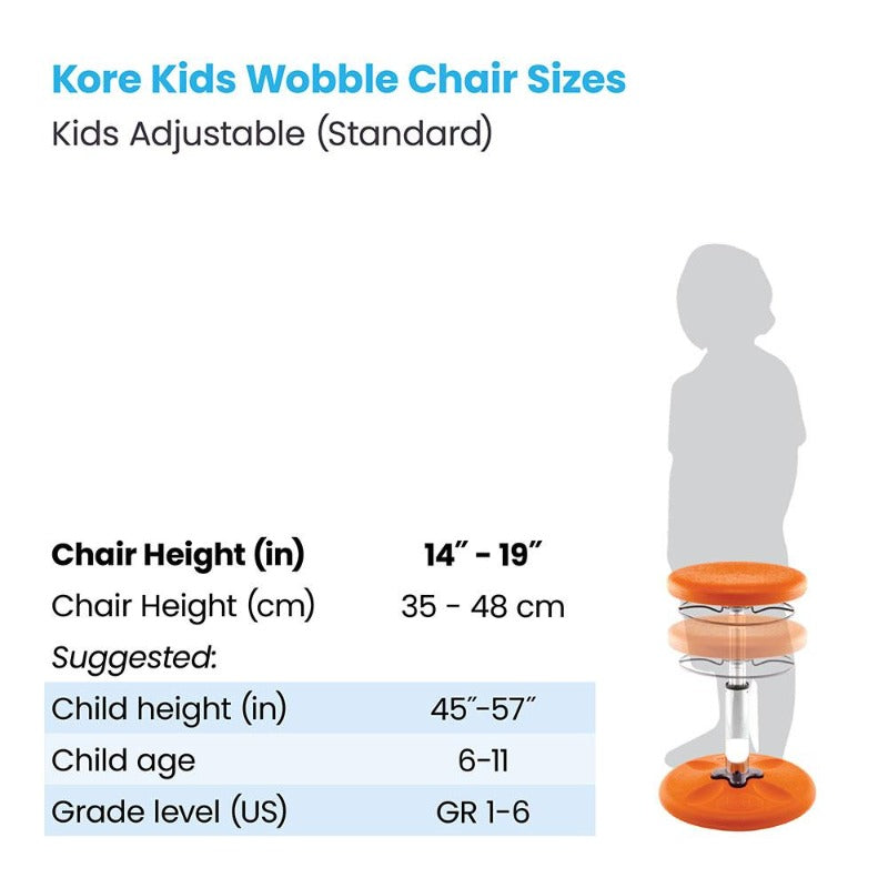 Kore Kids Adjustable Standard Wobble Chair for Active Sitting measurements from Active Goods Canada